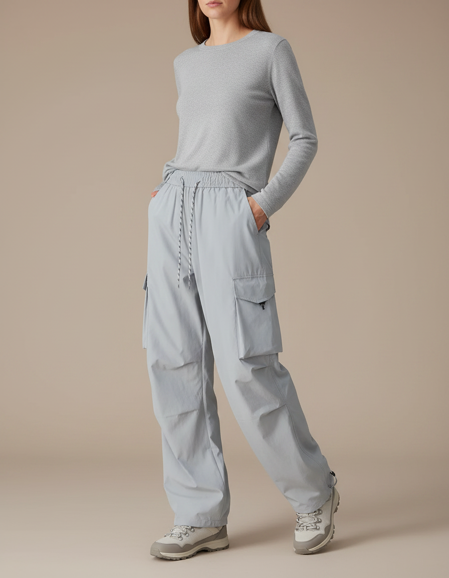 Pantalon Randonnée Gris Cargo Ample Femme - Polyester