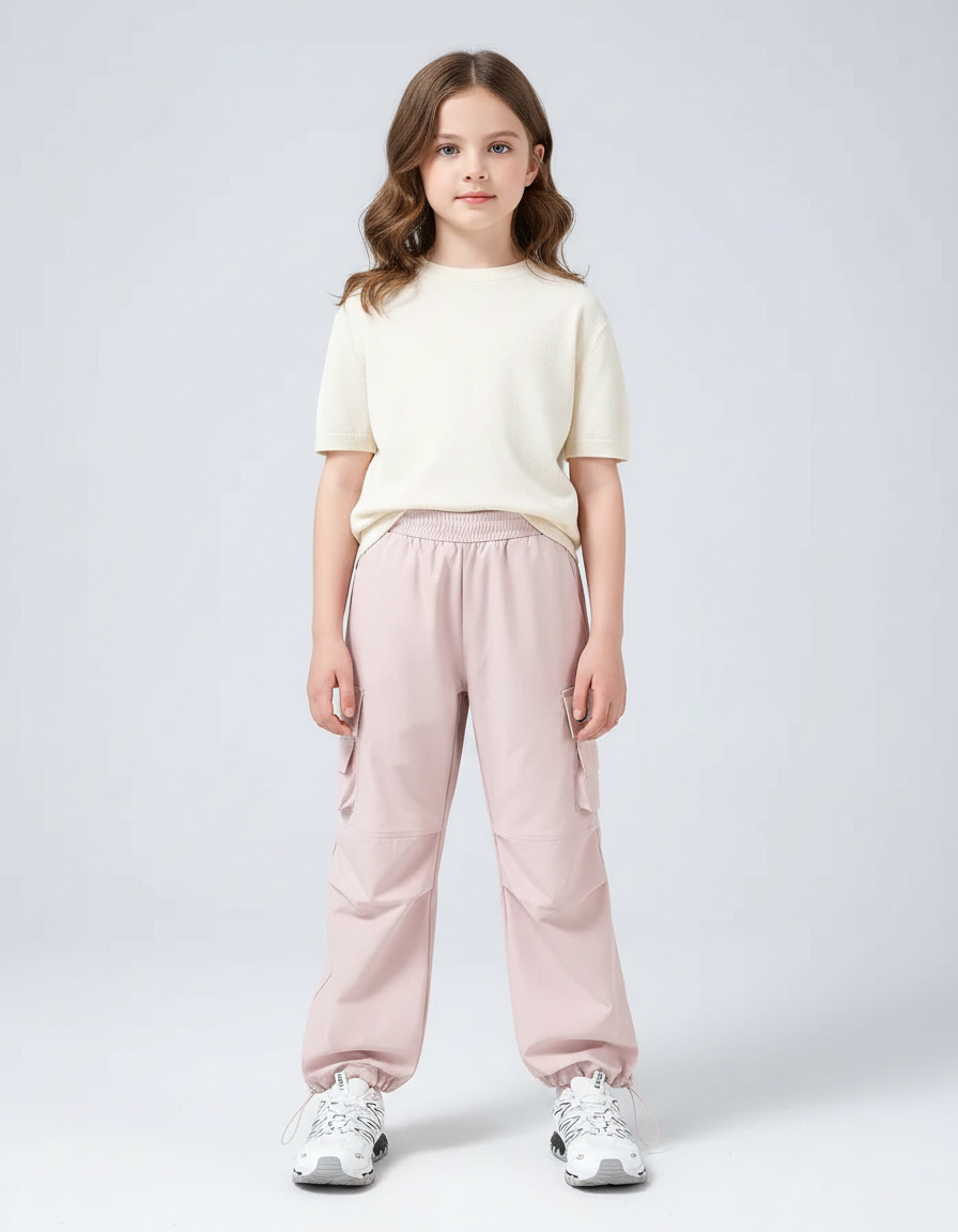 Pantalon Randonnée Rose Cargo Ample Fille - Polyester