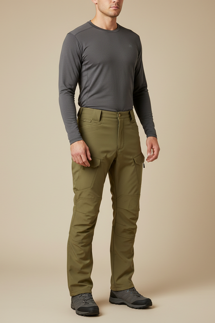 Pantalon Randonnée Kaki Cargo Softshell Homme Coupe Droite - Polyester