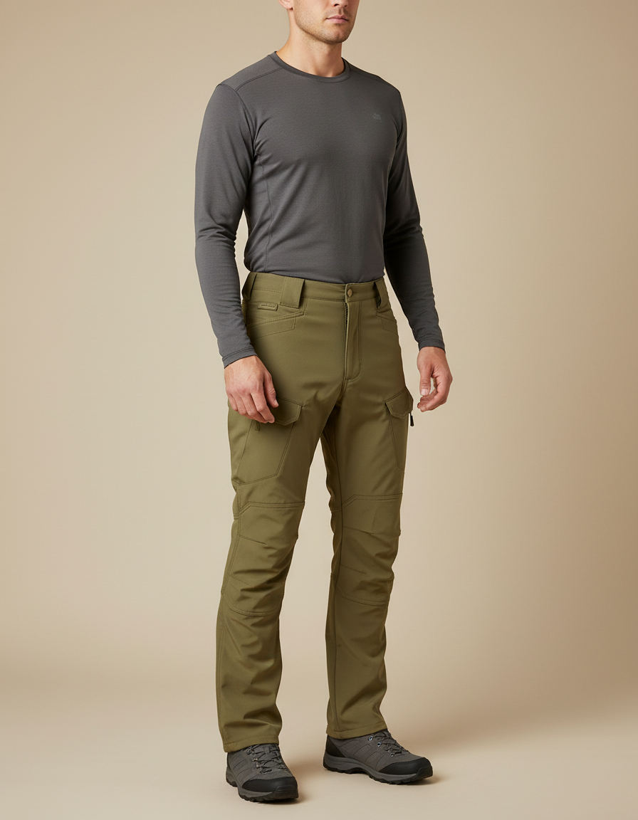 Pantalon Randonnée Kaki Cargo Softshell Homme Coupe Droite - Polyester