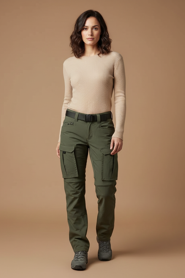 Pantalon Randonnée Vert Olive Cargo Stretch Femme - Polyester