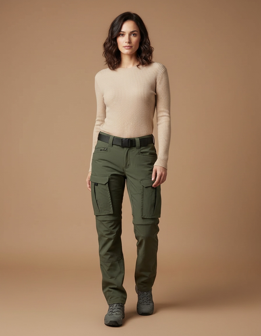 Pantalon Randonnée Vert Olive Cargo Stretch Femme - Polyester