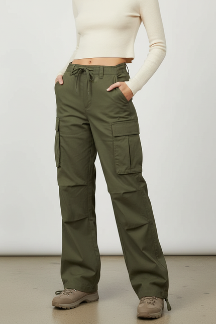 Pantalon Randonnée Kaki Ample Cargo Cordon Femme - Toile