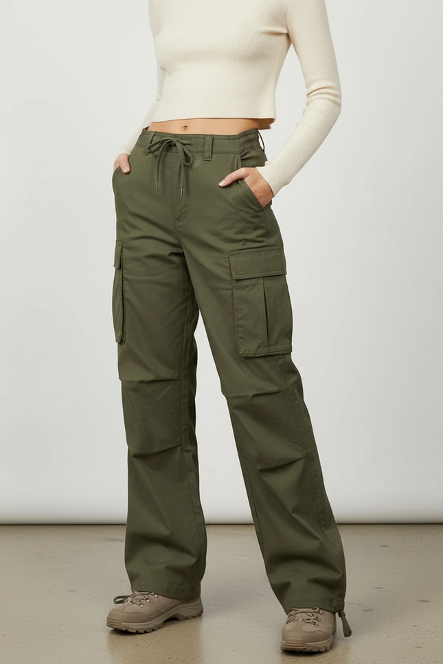 Pantalon Randonnée Kaki Ample Cargo Cordon Femme - Toile