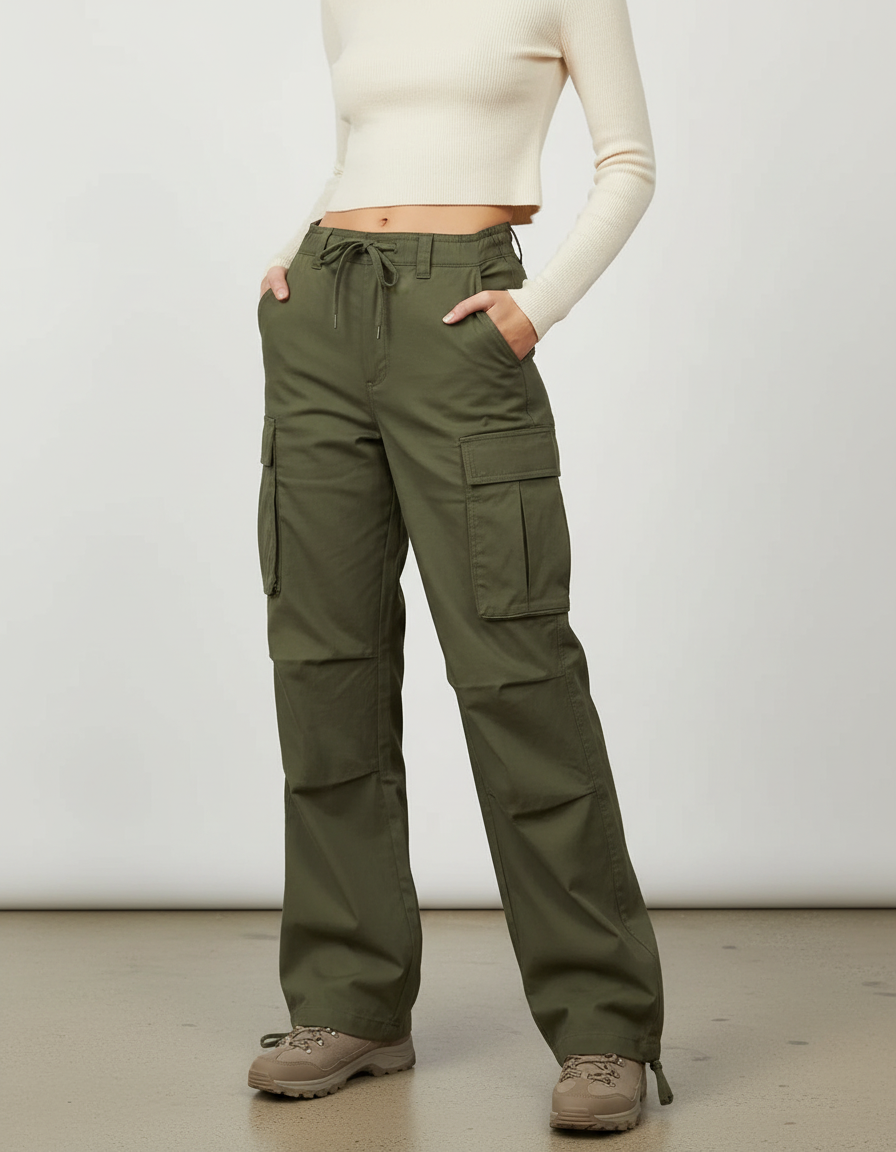 Pantalon Randonnée Kaki Ample Cargo Cordon Femme - Toile