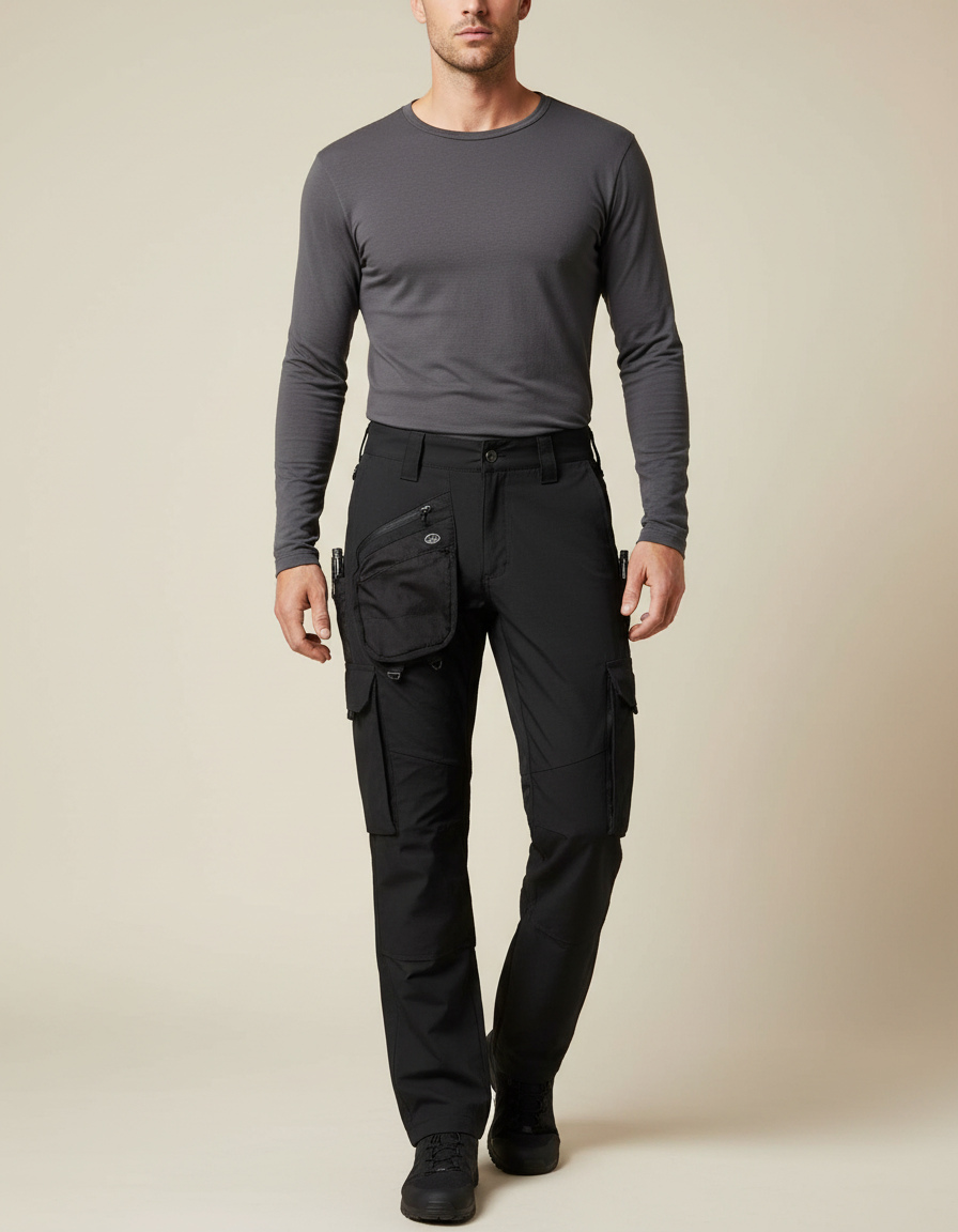 Pantalon Randonnée Noir Cargo Multipoches Tactique Homme - Polyester