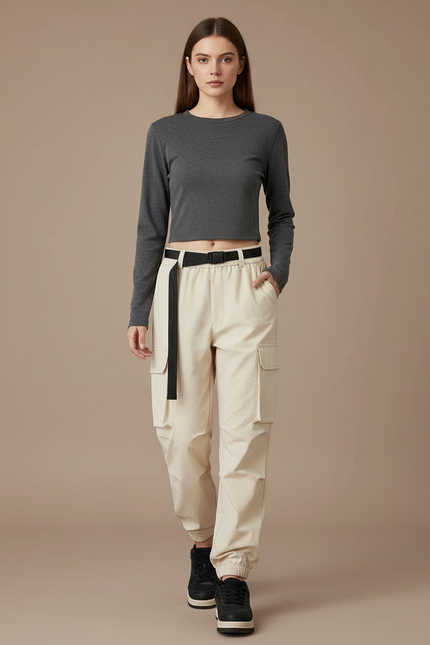 Pantalon Randonnée Beige Cargo Ample Cordon Femme - Toile
