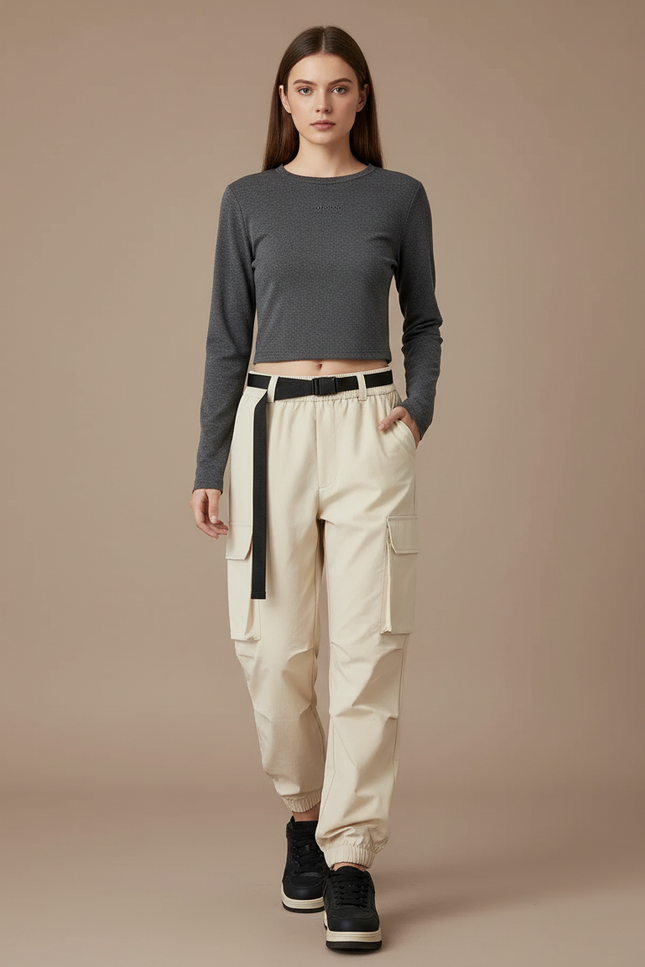 Pantalon Randonnée Beige Cargo Ample Cordon Femme - Toile