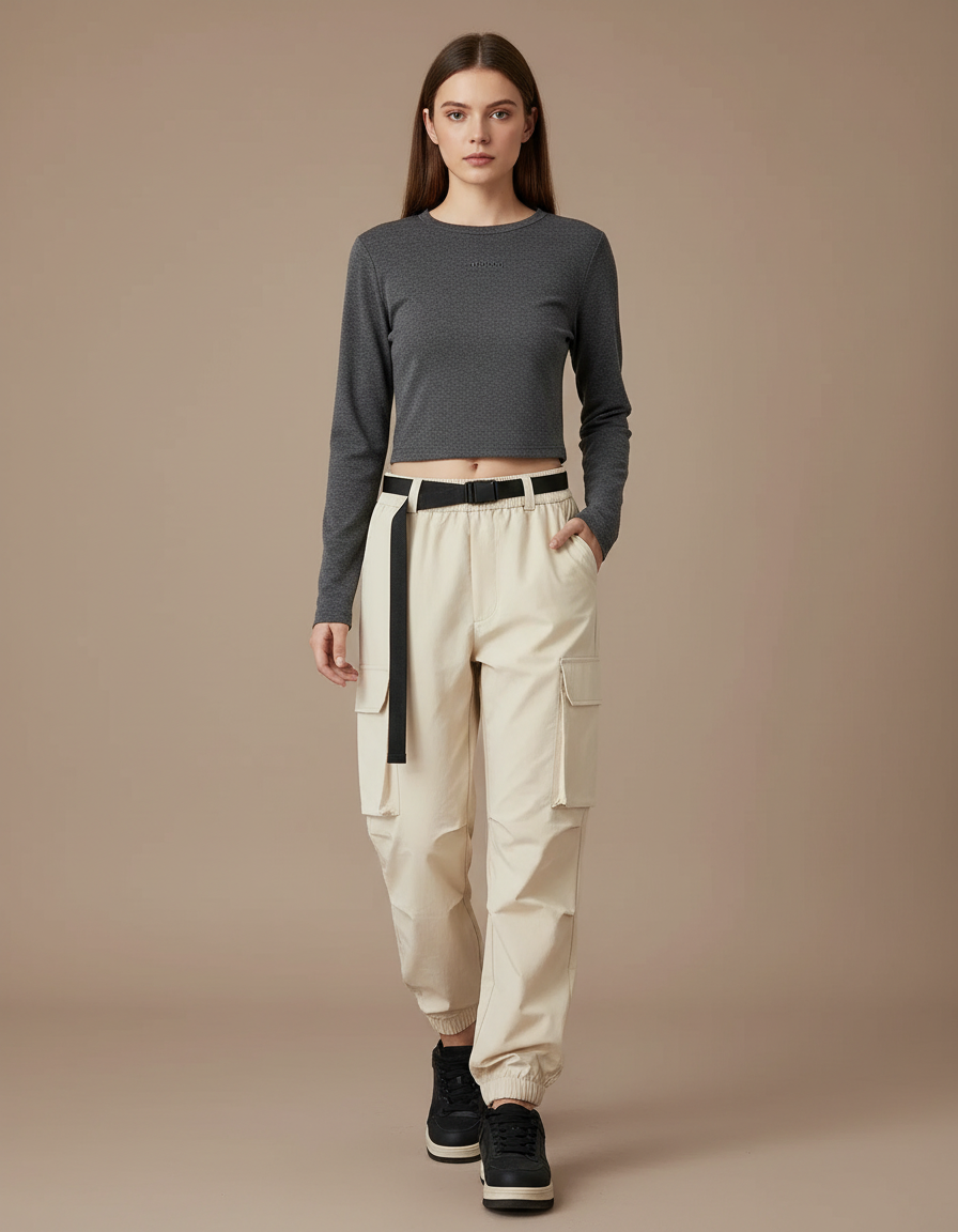 Pantalon Randonnée Beige Cargo Ample Cordon Femme - Toile
