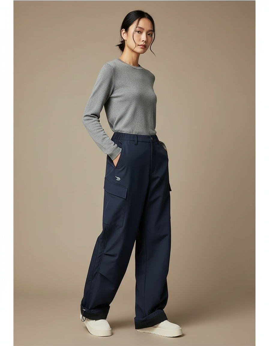 Pantalon Randonnée Bleu Marine Cargo Ample Imperméable Femme - Polyester