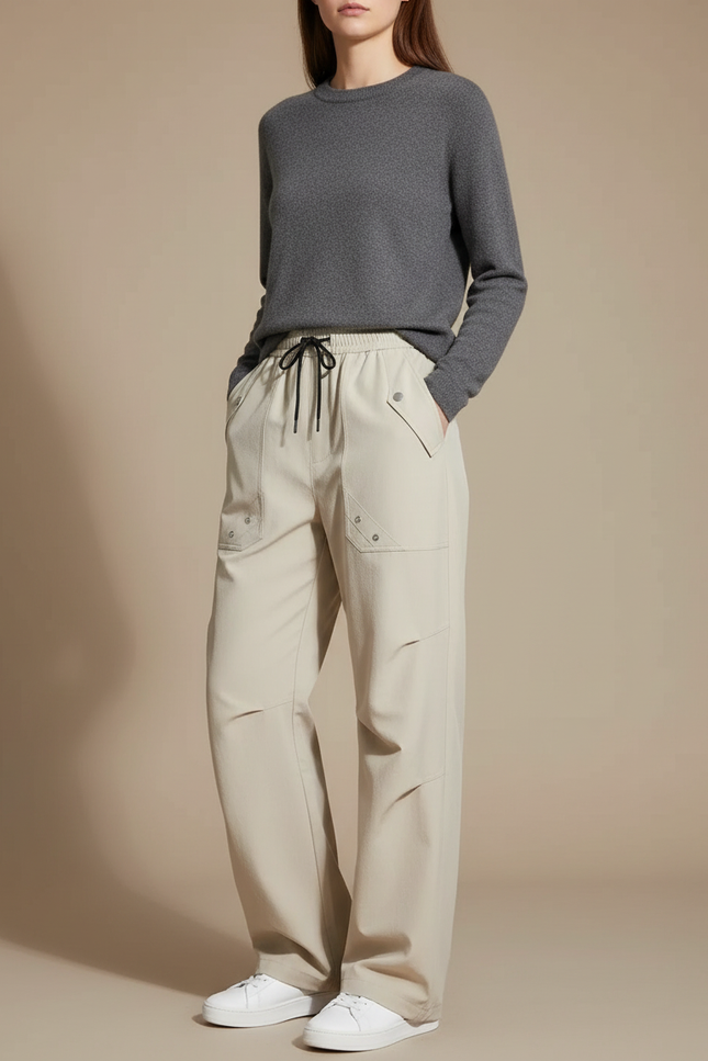 Pantalon Randonnée Beige Ample Cordon Décontracté Femme - Polyester