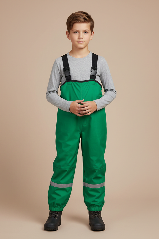 Pantalon Randonnée Vert Imperméable Réfléchissant Bretelles Enfant - Polyester