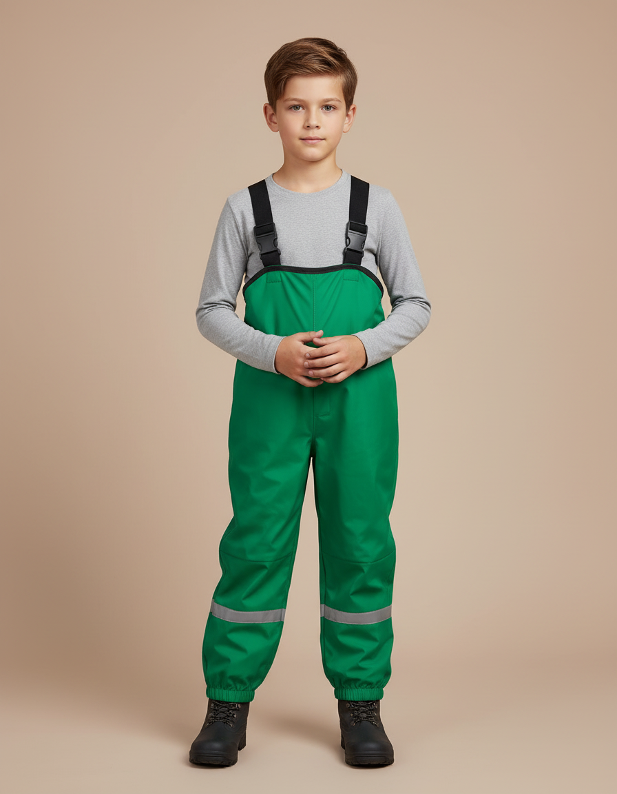 Pantalon Randonnée Vert Imperméable Réfléchissant Bretelles Enfant - Polyester
