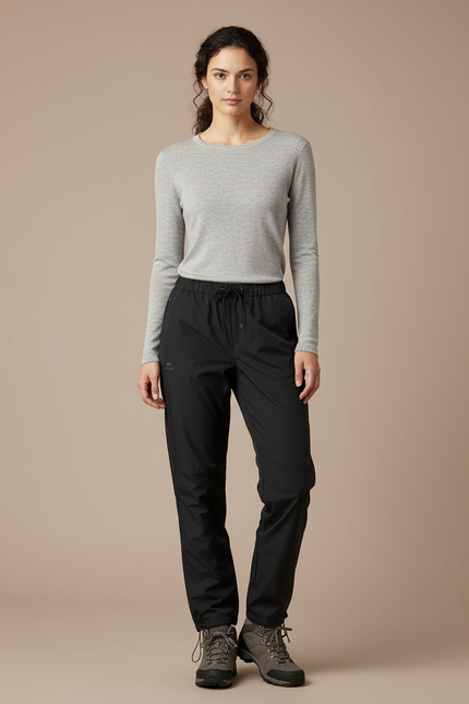 Pantalon Randonnée Noir Imperméable Coupe Droite Femme - Polyester