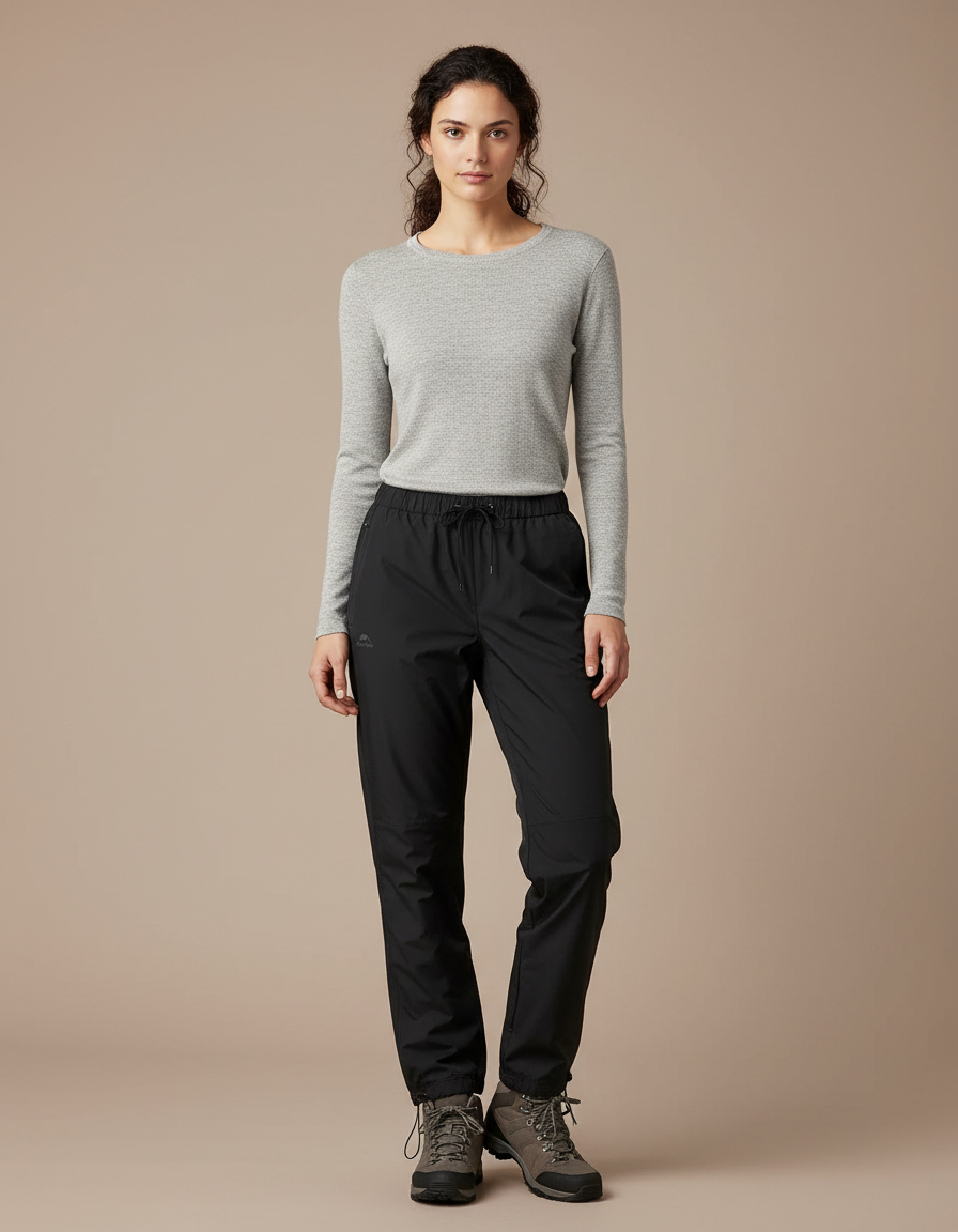 Pantalon Randonnée Noir Imperméable Coupe Droite Femme - Polyester