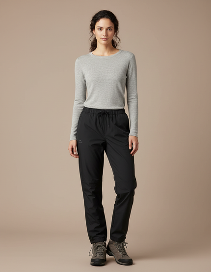 Pantalon Randonnée Noir Imperméable Coupe Droite Femme - Polyester