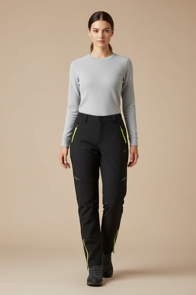 Pantalon Randonnée Noir Fluorescent Doublé Polaire Femme - Polyester