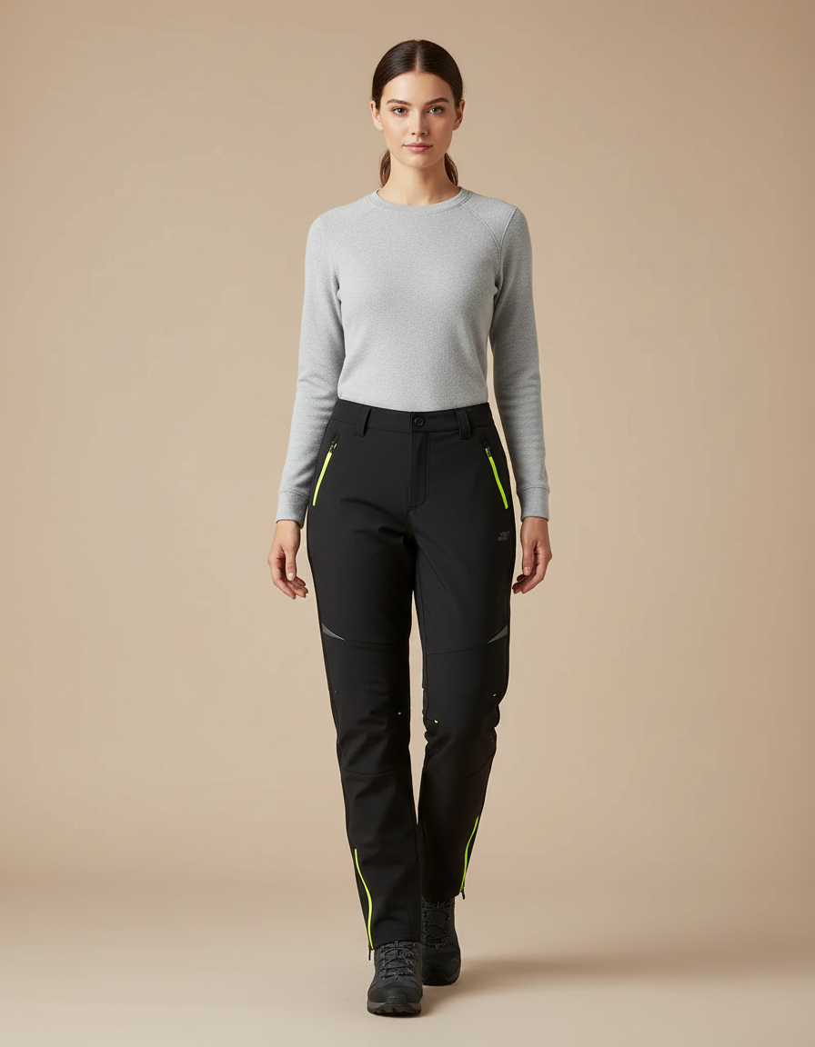 Pantalon Randonnée Noir Fluorescent Doublé Polaire Femme - Polyester
