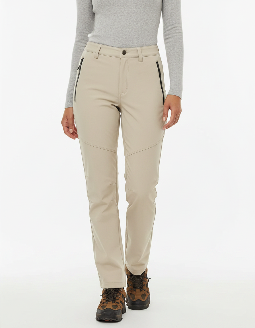 Pantalon Randonnée Beige Imperméable Doublé Polaire Femme - Polyester