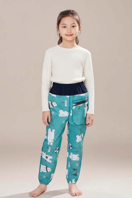 Pantalon Randonnée Enfant Turquoise Imperméable Motifs Ours - Imprimé Polyester