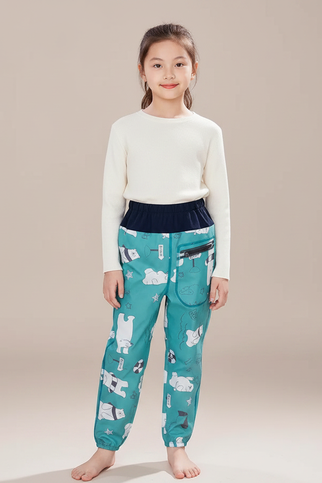 Pantalon Randonnée Enfant Turquoise Imperméable Motifs Ours - Imprimé Polyester