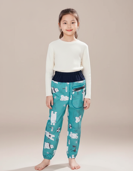 Pantalon Randonnée Enfant Turquoise Imperméable Motifs Ours - Imprimé Polyester