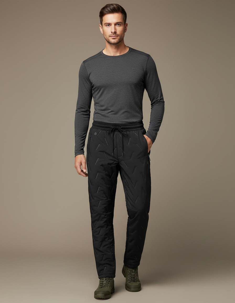 Pantalon Randonnée Matelassé Noir Motif Géométrique Hiver - Polyester