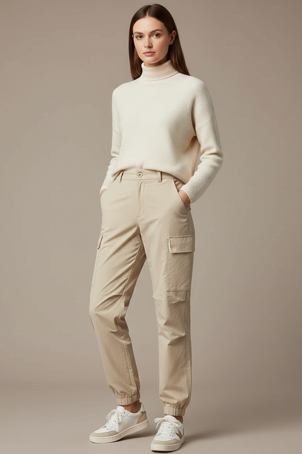 Pantalon Randonnée Beige Cargo Ample Cordon Élastique Femme - Polyester