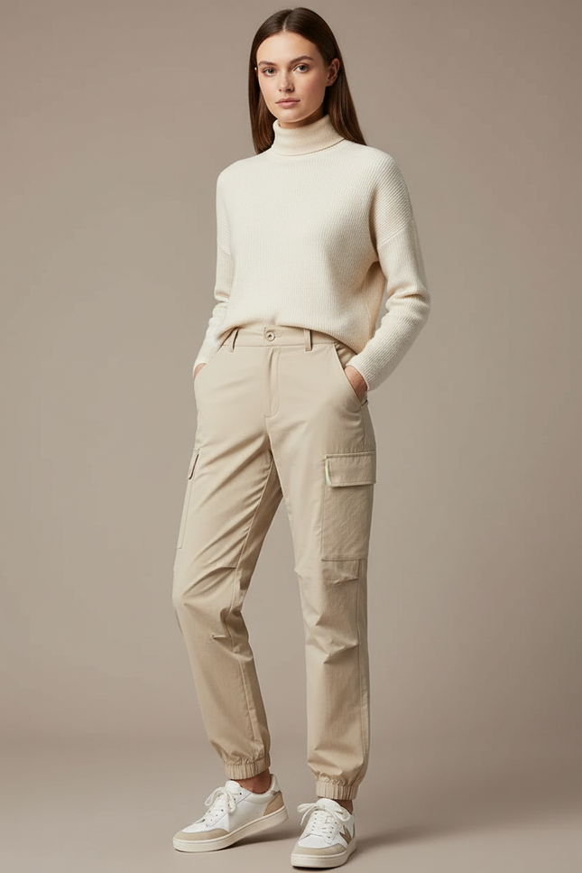 Pantalon Randonnée Beige Cargo Ample Cordon Élastique Femme - Polyester
