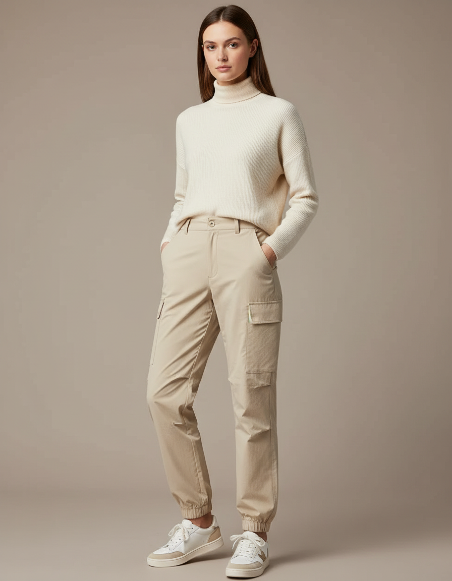 Pantalon Randonnée Beige Cargo Ample Cordon Élastique Femme - Polyester