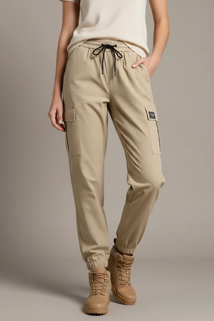 Pantalon Randonnée Kaki Cargo Femme Cordon Chevilles Élastiques - Toile