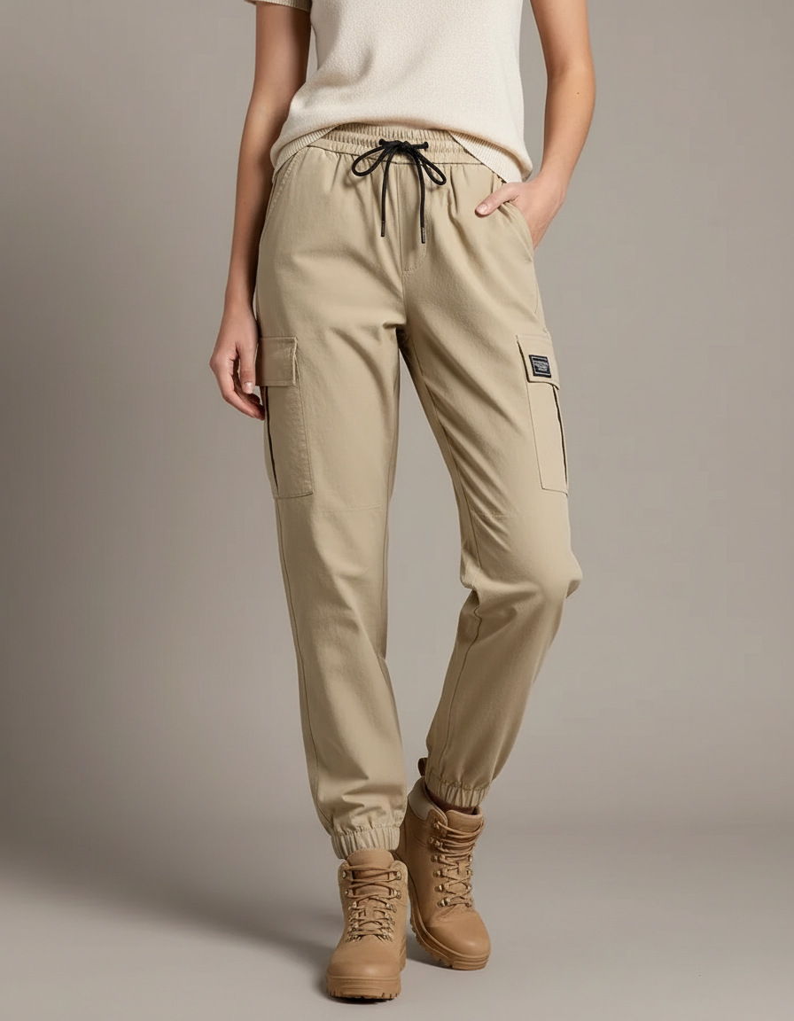 Pantalon Randonnée Kaki Cargo Femme Cordon Chevilles Élastiques - Toile