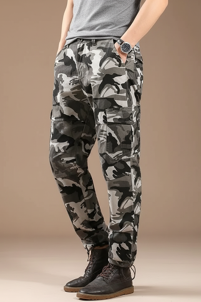 Pantalon Randonnée Camouflage Gris Ample Cargo Homme - Toile