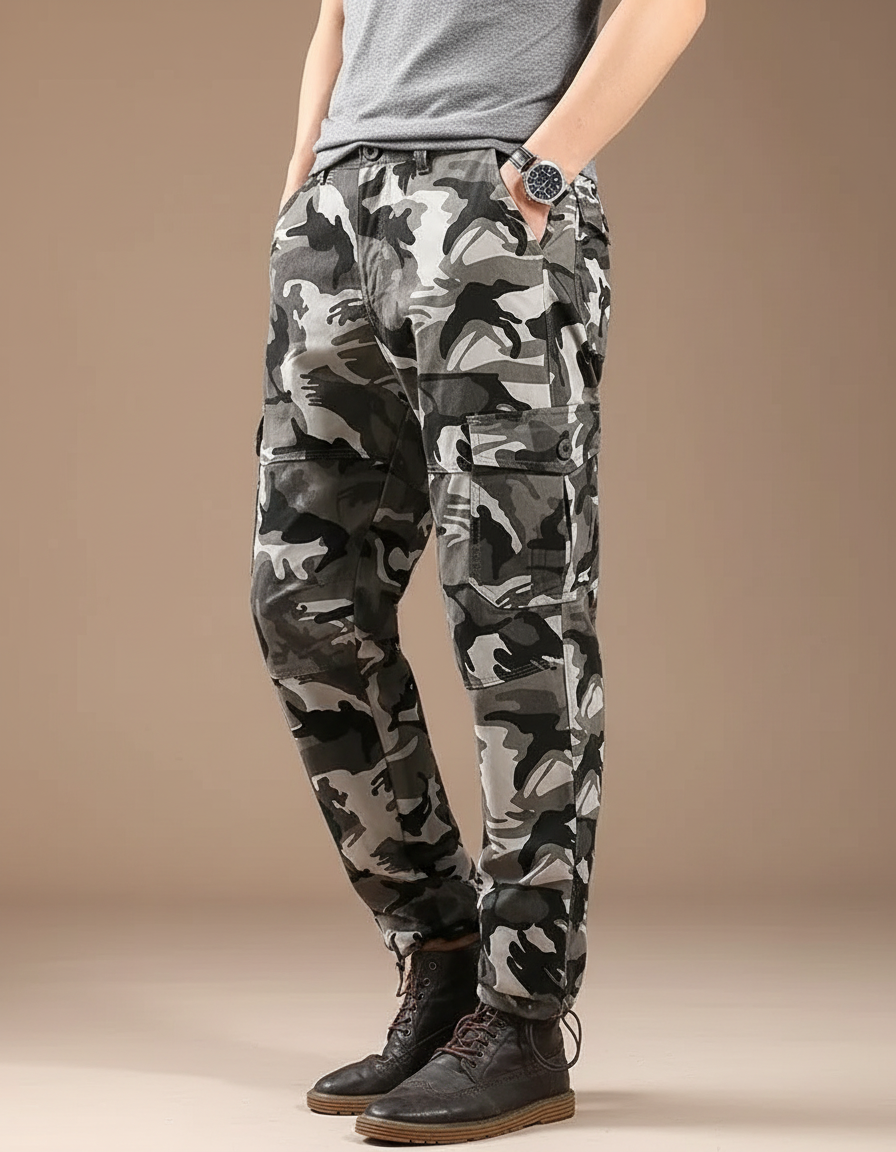 Pantalon Randonnée Camouflage Gris Ample Cargo Homme - Toile