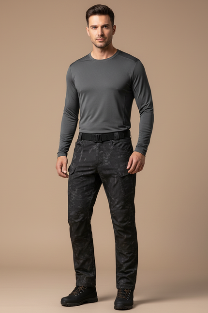 Pantalon Randonnée Noir Camouflage Multi-Poches Homme - Polyester