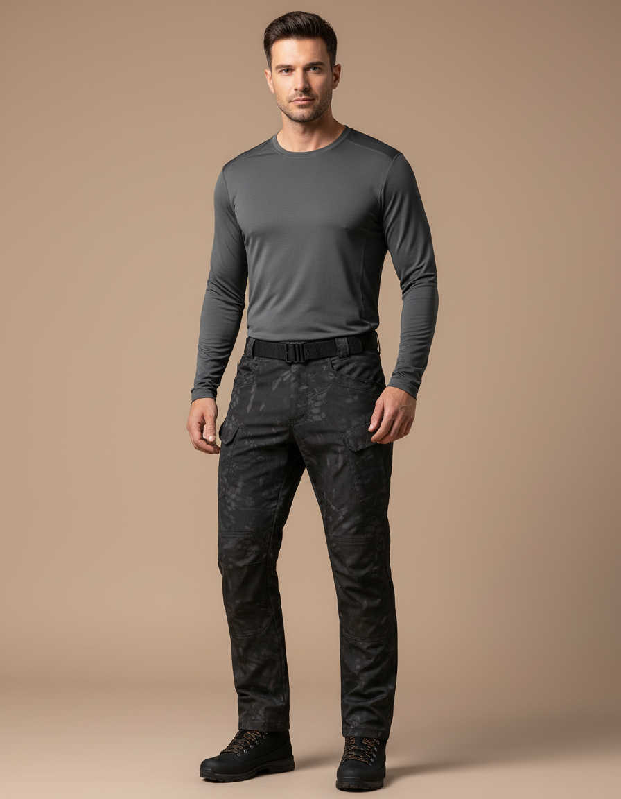 Pantalon Randonnée Noir Camouflage Multi-Poches Homme - Polyester