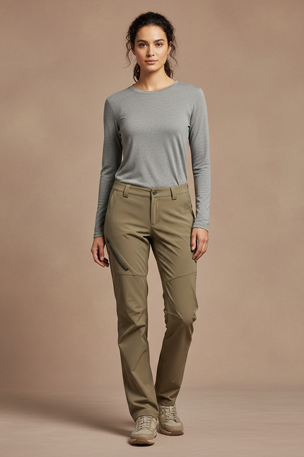 Pantalon Randonnée Kaki Droit Stretch Zippé Femme - Polyester
