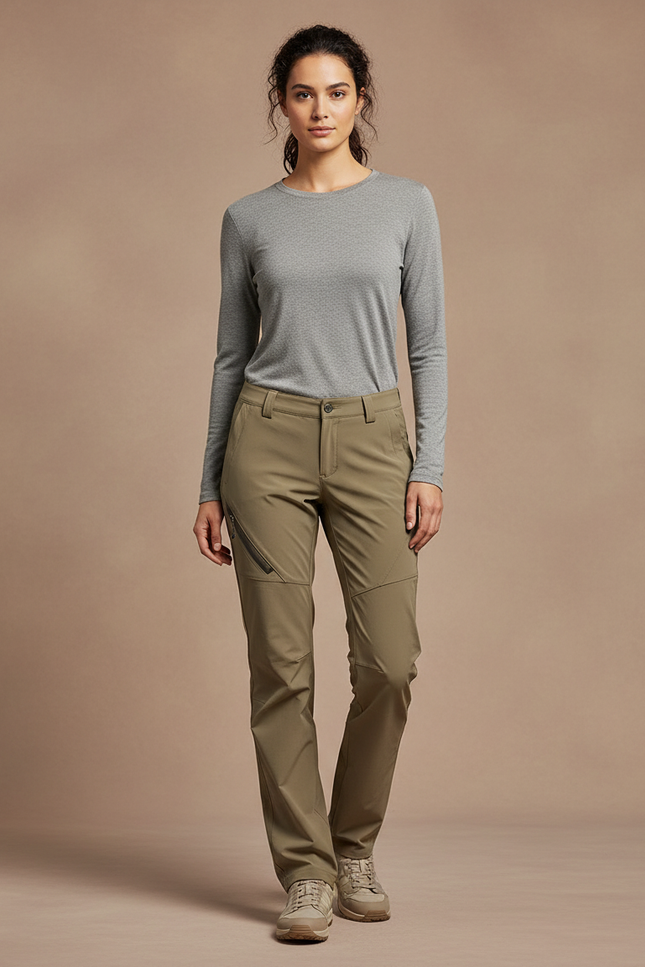Pantalon Randonnée Kaki Droit Stretch Zippé Femme - Polyester