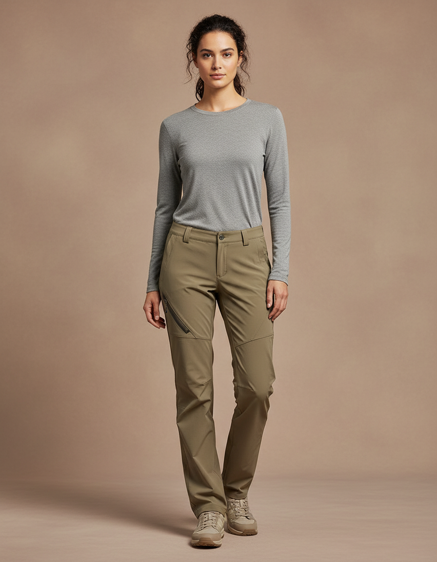 Pantalon Randonnée Kaki Droit Stretch Zippé Femme - Polyester