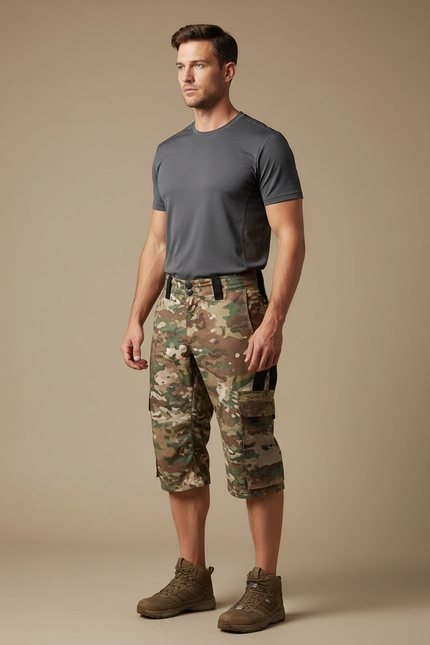 Pantalon Randonnée Camouflage Cargo Court Multipoches Tactique - Multicolore Toile