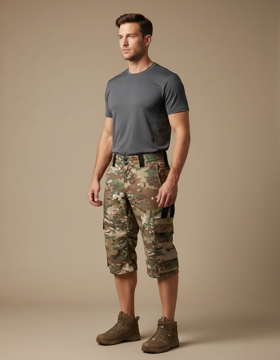 Pantalon Randonnée Camouflage Cargo Court Multipoches Tactique - Multicolore Toile