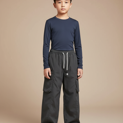 Pantalon Randonnée Gris Ample Cargo Cordon Enfant - Polyester
