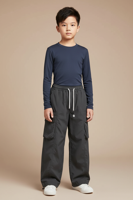 Pantalon Randonnée Gris Ample Cargo Cordon Enfant - Polyester