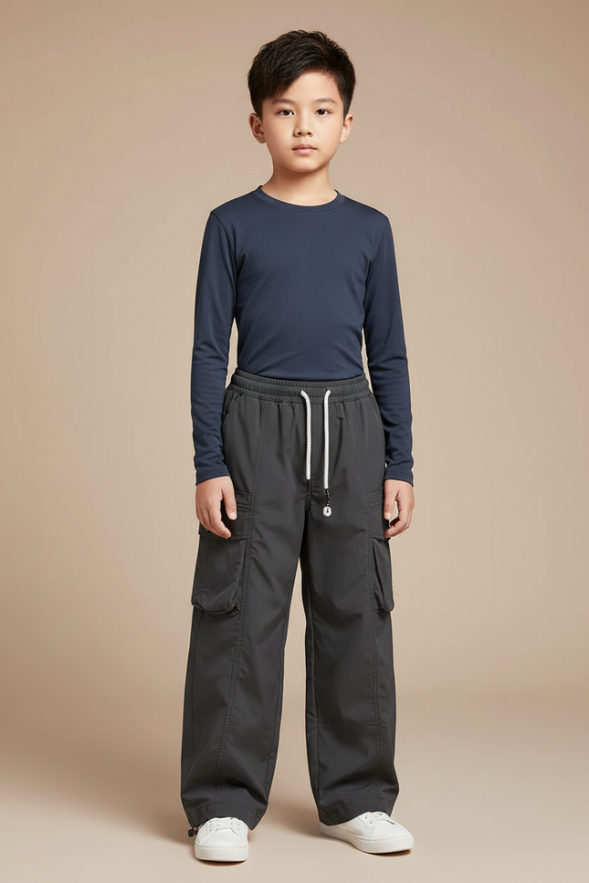Pantalon Randonnée Gris Ample Cargo Cordon Enfant - Polyester