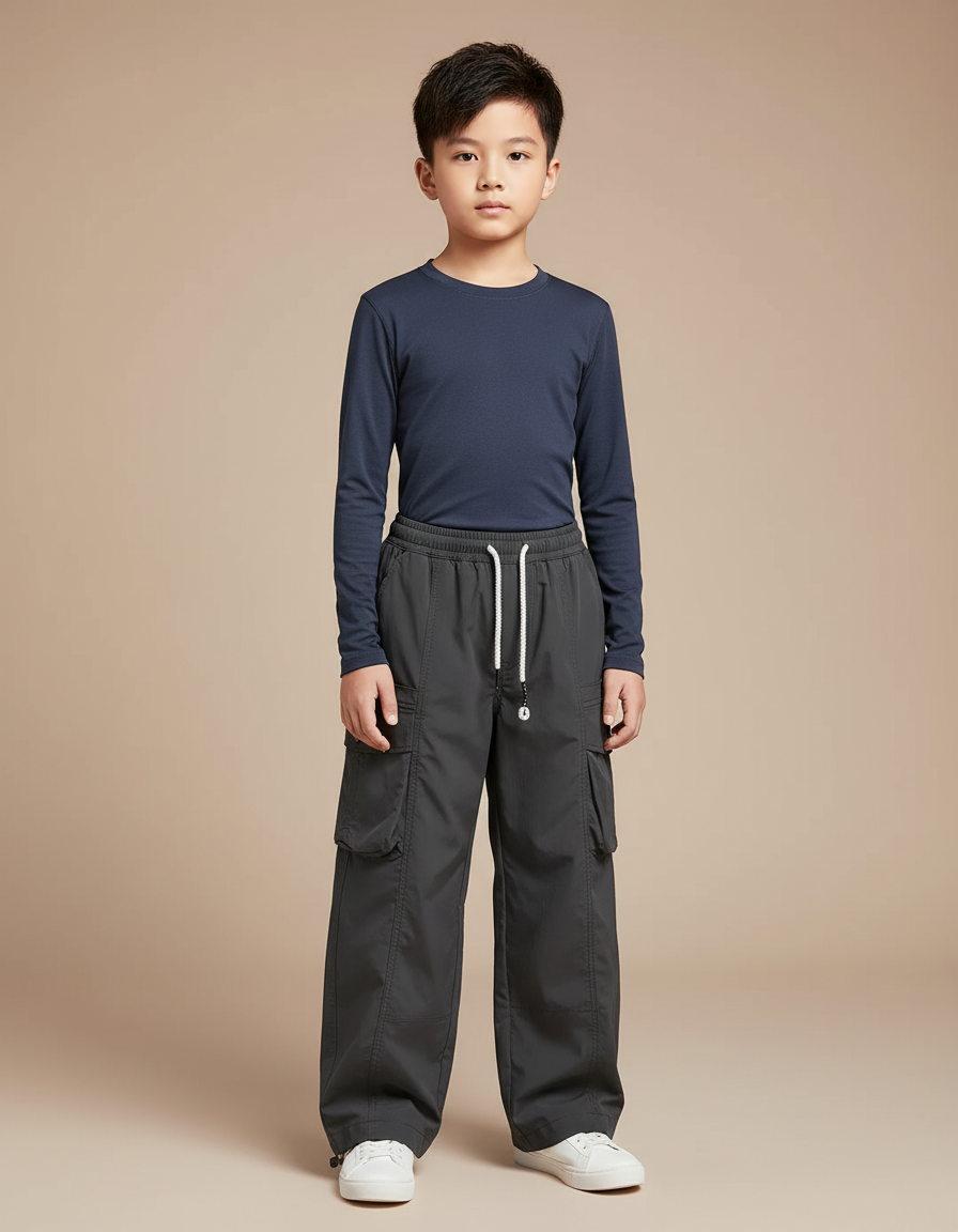 Pantalon Randonnée Gris Ample Cargo Cordon Enfant - Polyester