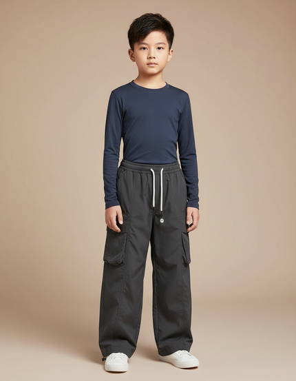 Pantalon Randonnée Gris Ample Cargo Cordon Enfant - Polyester