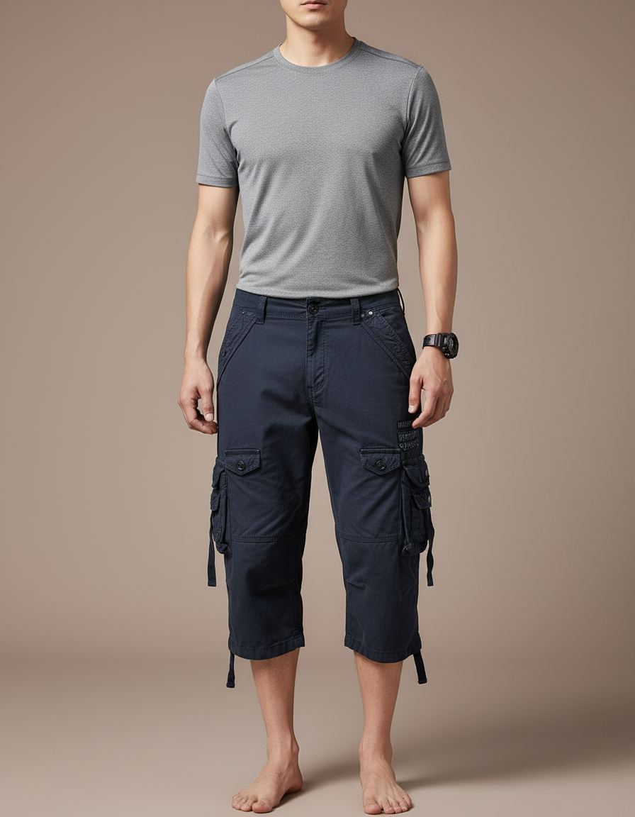 Pantalon Randonnée Capri Cargo Coton Homme Bleu Marine - Toile
