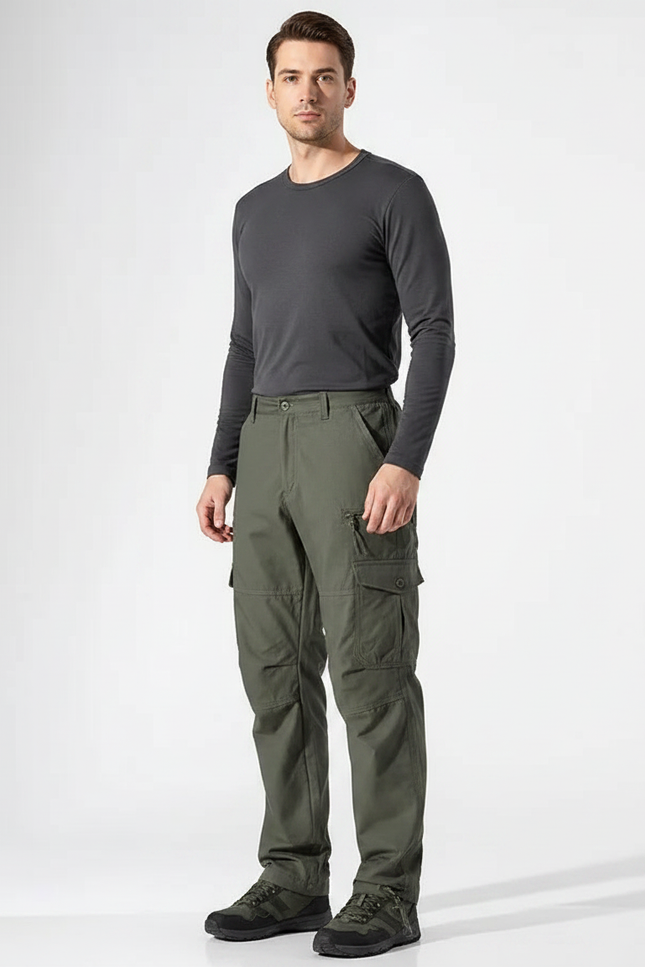 Pantalon Randonnée Cargo Vert Ample Multi-Poches Homme - Kaki Toile