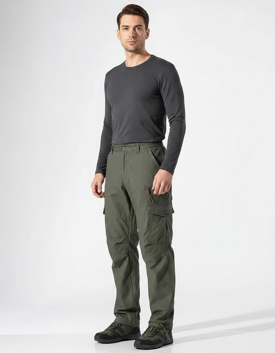 Pantalon Randonnée Cargo Vert Ample Multi-Poches Homme - Kaki Toile