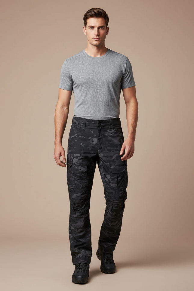 Pantalon Randonnée Camouflage Noir Tactique Cargo Homme - Polyester